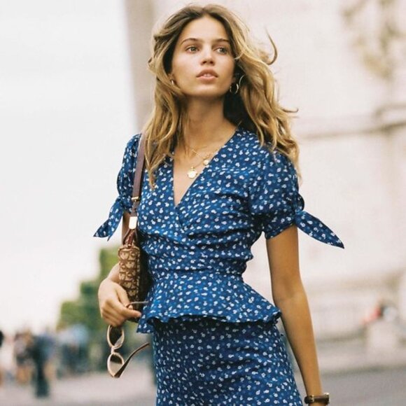 Faithfull the Brand Tops - Women's Faithfull The Brand Lucy Wrap Top Monette Blue Floral XS /US 2